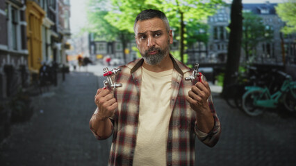 Man holding two metal faucets on a busy city street, shrugs shoulders with a puzzled expression;...