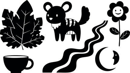Fototapeta premium Cute black silhouette vector of leaf, tiger, flower, cup, river, and moon shapes for design 