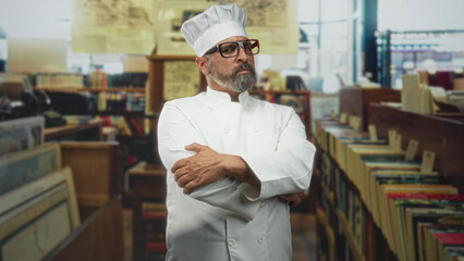 Man chef in white uniform and hat standing with arms crossed among bookshelves in library  confidence discipline. © Krakenimages.com
