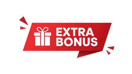 Extra Bonus Promotional Banner with Gift Icon, Red Sale Label Badge Isolated on Black Background, Marketing Reward Concept