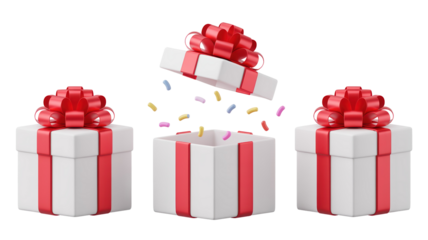 Three White Gift Boxes with Red Ribbon Bows, One Open with Colorful Confetti, Festive 3D Illustration Isolated on Black Background for Celebration and Surprise Concept