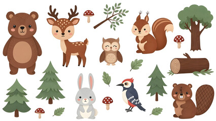 Fototapeta premium Cartoon forest animals and trees collection