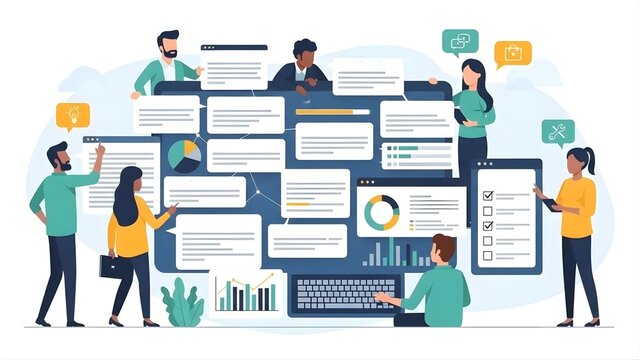 Illustration of teamwork and collaboration using digital dashboard, charts and communication tools in office. - Powered by Adobe