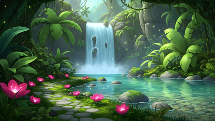 Serene waterfall scene in lush jungle with vibrant pink flowers