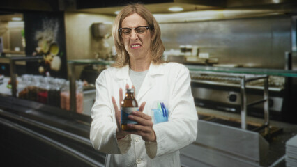 Woman doctor wearing white lab coat and glasses holding a medicine bottle grimaces while inspecting cough syrup at a cafeteria building serving counter; disgust caution.