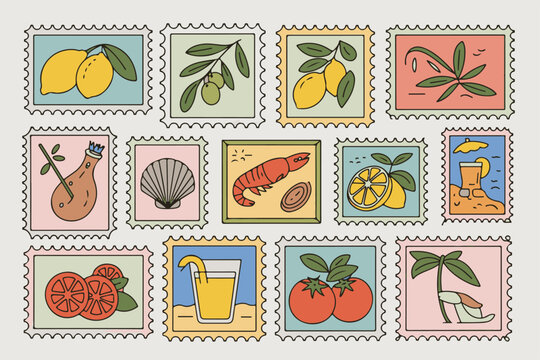 Mediterranean Summer Lifestyle Stamp Collection, Minimalist Food and Drink Vector Icons Set