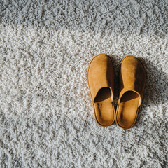 Comfortable brown suede slippers placed side by side on plush light colored carpet