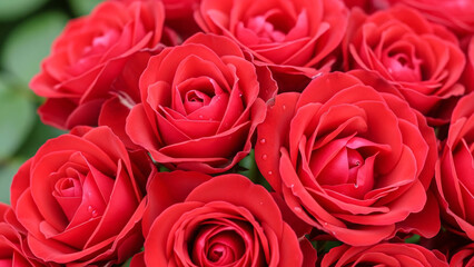 Obraz premium Elegant close up of a bouquet of deep red roses with fresh water droplets on the velvet petals for a romantic and passionate background.