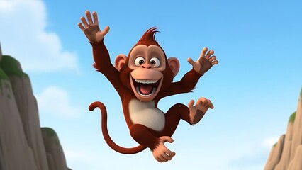 Animated joyful primate jumping midair, playful monkey illustration full of energy