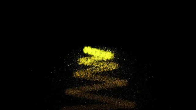 Abstract yellow gold glowing particles swirling in a zigzag path on black background