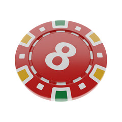 Red casino chip with the number eight.  Gambling, luck, fortune.