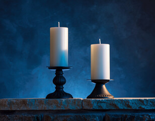 Pair of unlit white pillar candles displayed on dark holders in a dramatic blue studio setting