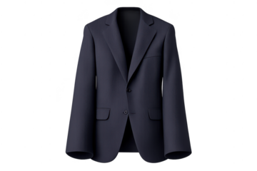Navy suit jacket presented on a transparent background studio shot.