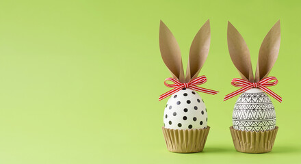 Easter Bunny Eggs with Paper Ears and Ribbons on Green Background with Copy Space