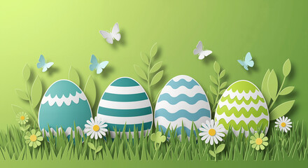 Easter eggs in grass with flowers and butterflies in paper cut style, spring holiday background with copy space.