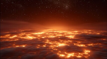 Fototapeta premium A fiery glowing atmosphere of molten clouds beneath a dark star filled night sky