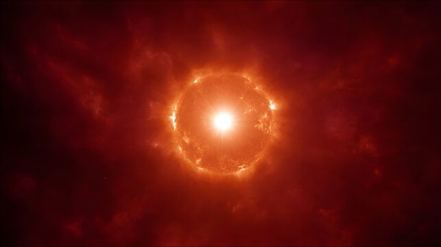 A vibrant red sun like star glows intensely radiating heat and light against a dark cosmic backdrop with swirling nebulae