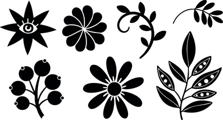 Black silhouette floral elements with leaves and berries vector illustration simple nature design 