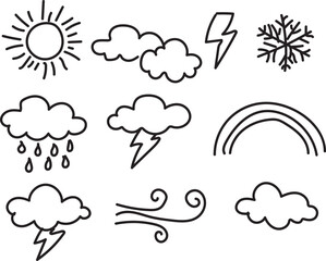 Fototapeta premium Hand-drawn weather icons set, minimalist doodle style symbols for sun, rain, clouds, and storm