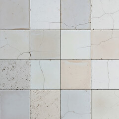 A close up view of worn cracked and varied colored ceramic tiles