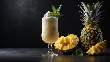 Tropical pineapple cocktail drink with fresh fruit on dark background