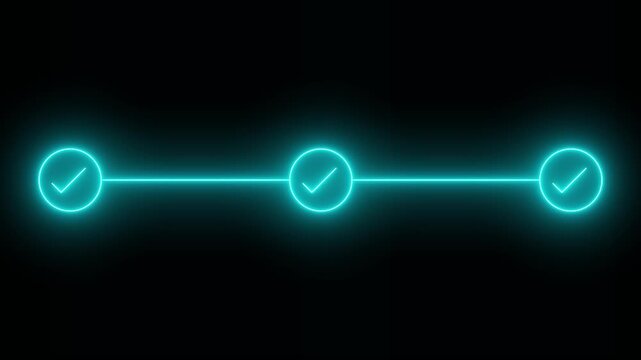 Glowing neon 3 step infographic progress with check mark animation isolated on black background
