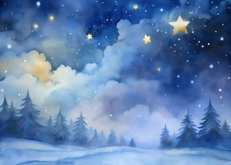 Magical winter night with snow covered trees under starry sky