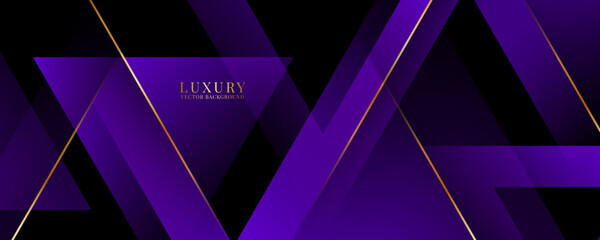 3D purple triangles abstract background overlap layer on dark space with luxury golden lines decoration. Modern graphic design element cutout style concept for web, flyer, card, or brochure cover