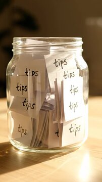 Glass jar filled with many handwritten paper notes with the word tips. Concept of collecting advice, suggestions, or money gratuity