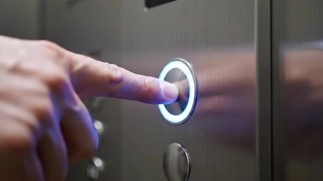 Finger pressing elevator button with illuminated ring, showcasing action sequence of selecting floor in a modern elevator control panel