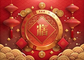 Vibrant Chinese New Year celebration background with red lanterns and gold coins