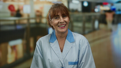 Hispanic woman smiling inside a mall wearing a cleaner uniform, representing the work environment of senior service industry employees in a bustling shopping area.