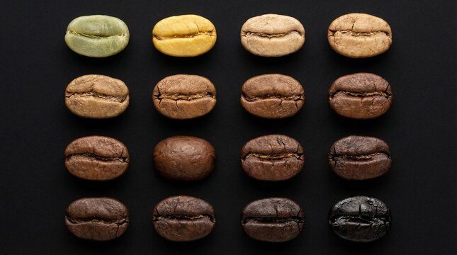 Professional coffee bean roast levels gradient from green to dark on black background