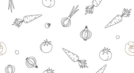 Hand-drawn seamless pattern of various garden vegetables including carrots onions and tomatoes in black line art on white.