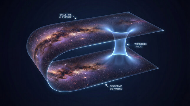 Conceptual 3D visualization of the curvature of spacetime and a wormhole