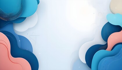 Abstract layered paper cut background with soft pastel blue, pink, and white shapes, modern 3D papercraft style, smooth curves, and clean minimal design ideal for creative backdrops