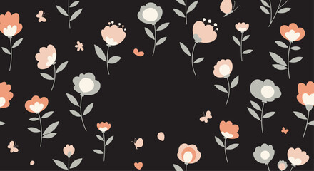 Moody and elegant seamless pattern of stylized pink and gray flowers with butterflies on a solid black background.