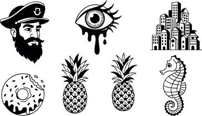 Black and white nautical captain eye city donut pineapple seahorse vector illustration 