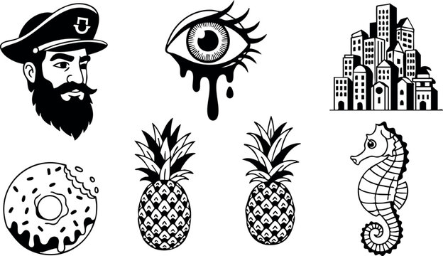 Black and white nautical captain eye city donut pineapple seahorse vector illustration 