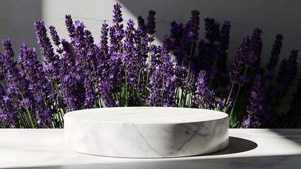 Marble podium with lavender flowers in the background, natural light and shadows, cosmetic product display