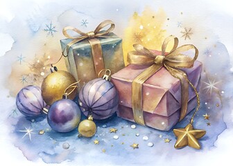 Beautifully wrapped Christmas gifts with elegant ornaments and stars