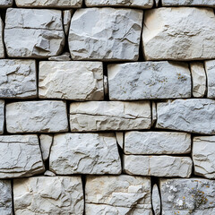 A close up view of a textured stone wall constructed from rectangular blocks