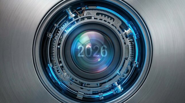 Futuristic mechanical camera lens aperture with glowing blue circuit lights and the year 2026 reflected in the glass.
