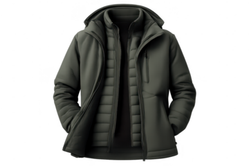 Stylish Dark Olive Winter Parka Jacket on a transparent background.