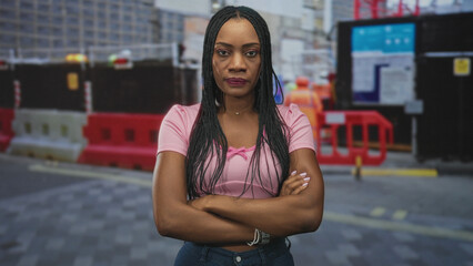 Woman with crossed arms showing exposed arms and stern face in a pink crop top on street with construction barriers and worker visible; defiance resilience.