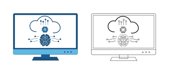 AI Cloud Computing Brain Chip Integration on Computer Monitor Vector Illustration