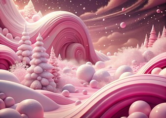 Whimsical pink winter wonderland with snow covered trees and rolling hills under starry night sky
