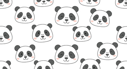 Naklejka premium Cute seamless pattern of adorable panda bear faces with rosy cheeks and various expressions on a white background for nursery or children decor.