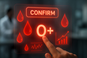 Futuristic medical interface displaying blood type O+ confirmation with glowing red droplets and health analytics, symbolizing digital diagnostics, transfusion safety, and advanced healthcare technolo