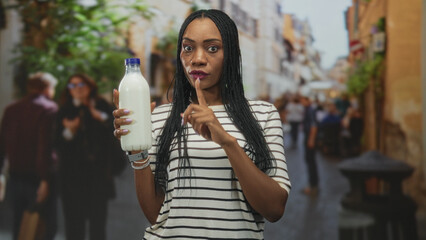 Woman holding milk bottle, finger to lips on busy street lined with storefronts and a blurred crowd...